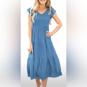 Anrabess womens summer short sleeve flutter sleeve v neck with smocked top